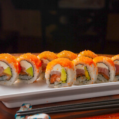 sushi, Chinese and Japan food. Fish