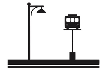 Simplified Black Silhouette of Street Lamp and Monorail Symbol in Urban Setting