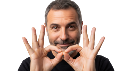 Man making ok gesture with hands portrait stock photo for business and creative projects usage online on transparent background