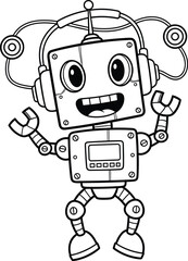 Cartoon Vector Illustration of Smiling Robot with Square Head, Raised Claw Hands, and Control Panel Chest on White Background