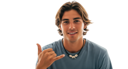 Handsome surfer dude with shaka sign and shell necklace portrait for summer vibes and beach lifestyle trends on transparent background