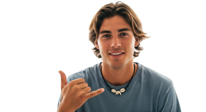 Handsome surfer dude with shaka sign and shell necklace portrait for summer vibes and beach lifestyle trends on transparent background