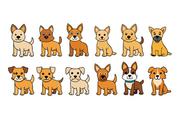 Vector art of a collection of cute cartoon dogs in various poses and breeds, isolated on a
