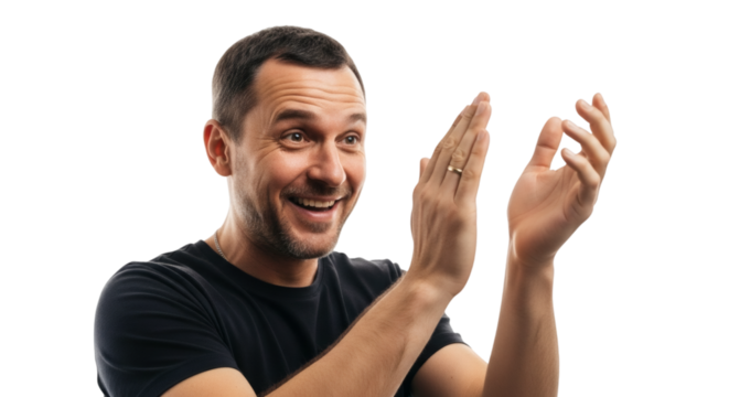 Stock photo of man clapping hands smiling studio shot on black background happy expression positive emotion on transparent background