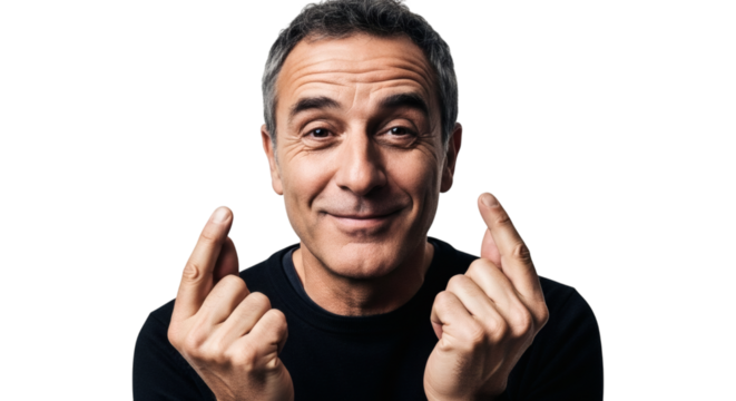 Portrait of smiling man gesturing with fingers on black background studio shot headshot photography on transparent background