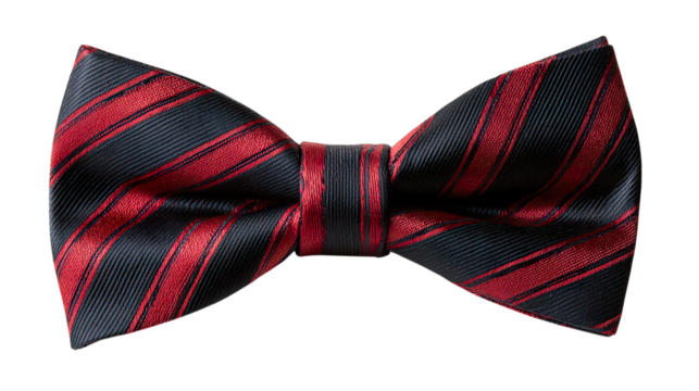 Elegant red and black striped bow tie, perfect for formal occasions., transparent png, cutout