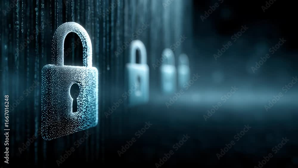 Poster a series of glowing and visually captivating digital locks symbolizing effective cybersecurity and d