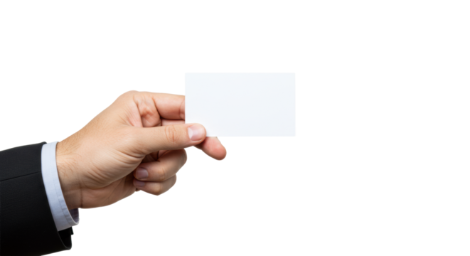 Caucasian male hand with neutral sleeve presenting a blank white business card on a seamless transparent background with soft high-key lighting, concept of new opportunities