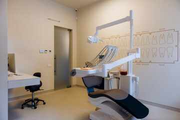 The interior of a modern dental clinic features advanced equipment along with a treatment chair