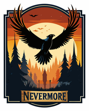 Mysterious raven spreading wings over spooky forest and castle at sunset with nevermore text for halloween t-shirt halloween, tshirt