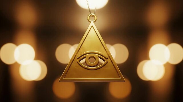 Mystic Symbol of Wisdom: Golden Illuminati Eye Pendant in Bokeh Lights Backdrop