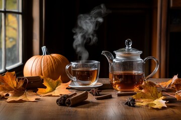 Steaming tea cup, teapot, pumpkin and autumn leaves sit on wooden table near window