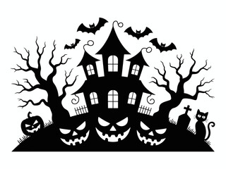 Spooky Haunted Castle with Pumpkins and Bats – Halloween Night Silhouette Art