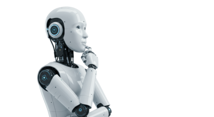 Sleek minimalist humanoid robot in thoughtful pose, hand to chin, strategic thinking, against a bright white studio with high-key lighting. Concept of advanced AI and innovation