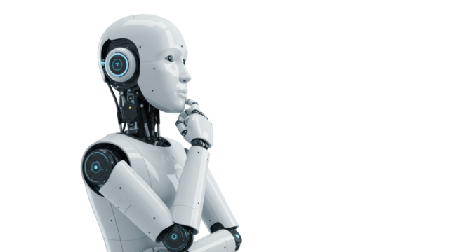 Sleek minimalist humanoid robot in thoughtful pose, hand to chin, strategic thinking, against a bright white studio with high-key lighting. Concept of advanced AI and innovation