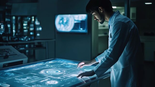 Asian scientist works with interactive holographic screen in dark lab, man researcher uses futuristic display interface in ai laboratory