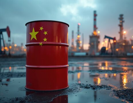 Red oil barrel with Chinese flag and yellow stars sits on wet ground. Background features oil pumps and refinery plants. Focus on oil production and economy in China.