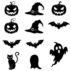 Halloween Icon Set – Pumpkins, Witch Hat, Ghost, Cat, and Bats Silhouette Vector
