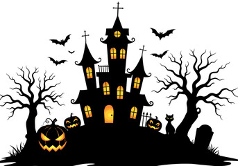 Spooky Haunted Castle with Pumpkins and Bats – Halloween Night Silhouette Art