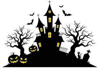 Spooky Haunted Castle with Pumpkins and Bats – Halloween Night Silhouette Art