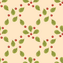 Seamless Christmas Holly Pattern with Berries on Beige