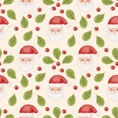 Seamless Christmas Santa Pattern with Red Hats and Holly