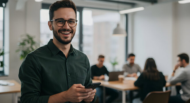 Confident young businessman smiling holding smartphone in modern office successful entrepreneur startup team collaboration technology business - Powered by Adobe