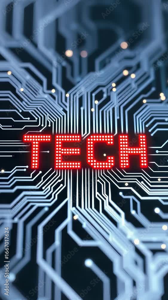 Poster futuristic cyber technology animation with glowing circuit board and digital tech text in abstract s