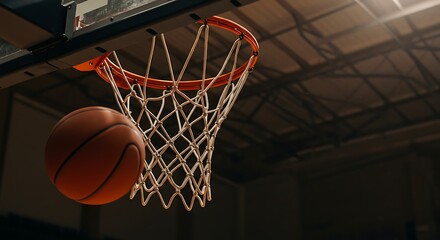 Fototapeta premium Basketball ball about to go through the hoop in a dimly lit indoor court.