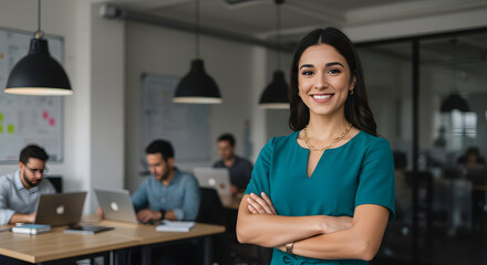Obraz premium Confident businesswoman smiling in modern office team collaboration success startup company portrait professional career employee leadership management
