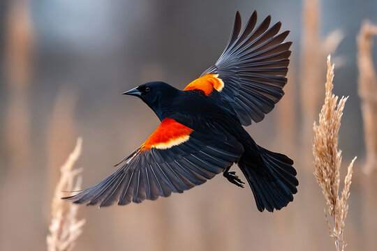 Male Red-winged Blackbird in flight, displaying its vibrant red and yellow shoulder epaulets. - Powered by Adobe