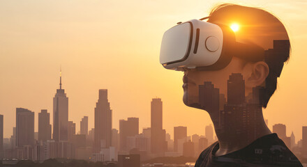 Explore the Metaverse Immersive VR Experience Futuristic Cityscape Virtual Reality Headset Technology Innovation Digital World