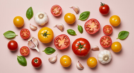 Fresh ingredients of tomatoes, garlic and basil, realistic photography