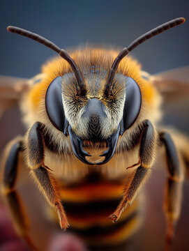 Close-Up Image of a Bee Showing Detailed Features and Vibrant Colors