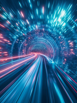 Futuristic hyperspace tunnel glowing neon light trails digital vortex sci-fi

