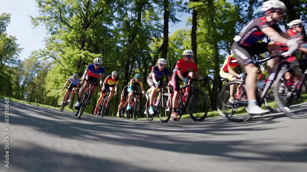 Poster dynamic low-angle video shot of cyclists racing through a sunlit forest, capturing speed and motion 