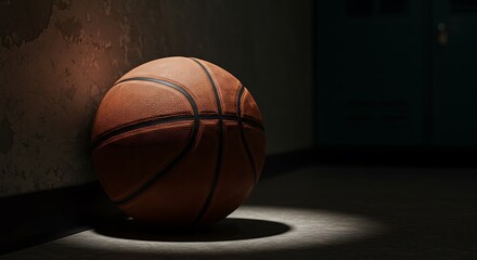 A solitary basketball rests against a textured wall, illuminated by a dramatic spotlight, evoking a sense of anticipation and readiness for the game.