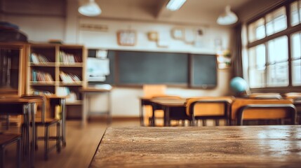 Fototapeta premium Blurred background view of an empty classroom interior symbolizing learning, education, and back-to-school season atmosphere