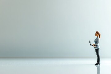 Obraz premium A miniature businesswoman using a laptop against a minimalist background, symbolizing modern work and technology.