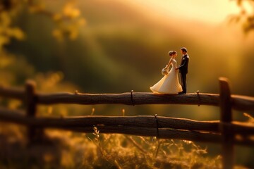 Miniature bride and groom stand on a rustic fence at sunset, symbolizing love and new beginnings.