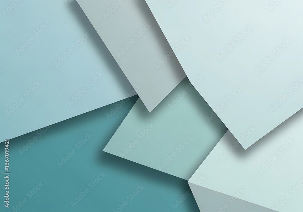 Poster overlapping geometric paper forms in cool blue tones create a sense of depth and spatial arrangement