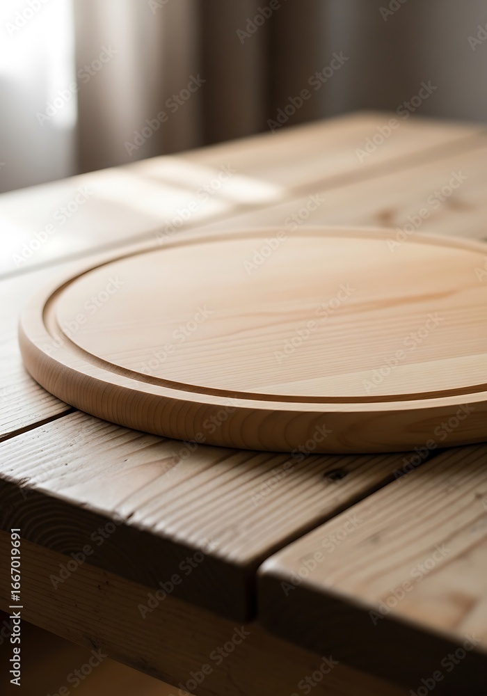 Poster rustic wooden dining surface with a simple round tray emphasizing natural textures and soft lighting