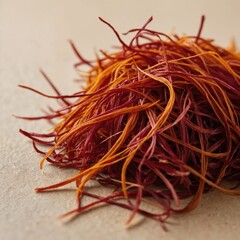 Fototapeta premium Studio macro photo of saffron threads with vibrant red texture on a clean background, premium spice concept for cooking and luxury food themes.