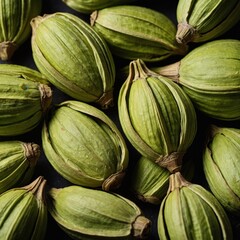 Close-up image of green cardamom pods on a clean studio surface, natural spice detail, ideal for food, beverage, and wellness concepts.