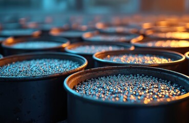 Close-up industrial view of barrels filled with shiny palladium catalyst pellets. Metallic grey, ball-shaped material processed in manufacturing, production, refining. Macro, photographic detail of