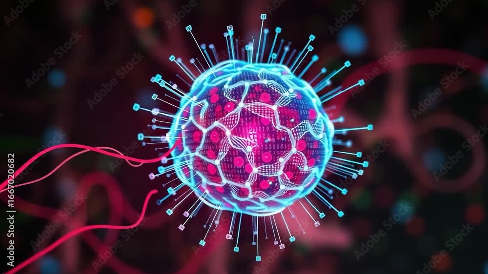 Poster abstract glowing virus particle animation with futuristic digital microbe motion in biotechnology me