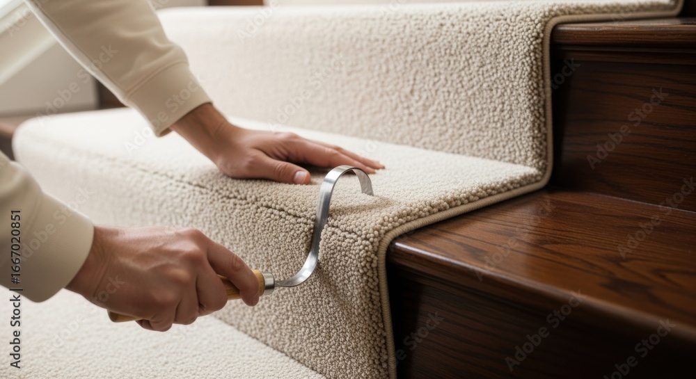 Poster stepbystep footage of securing a plush carpet stair runner with a waterfall fold highlighting tool u