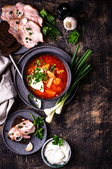 Traditional Ukrainian borsch with sour cream