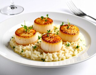Close-up of seared scallops atop creamy risotto, garnished with herbs, ready to eat.