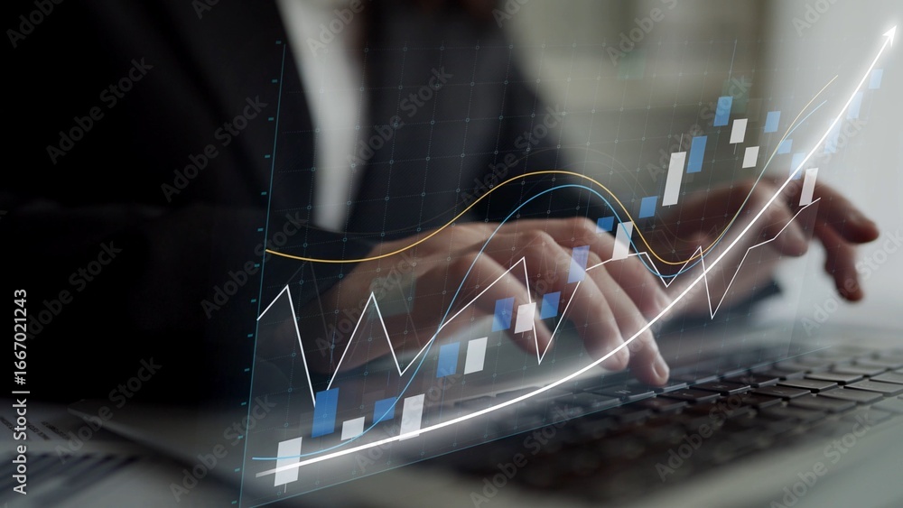 Poster a close-up view of professional hands typing on a laptop, with digital graphs and charts symbolizing